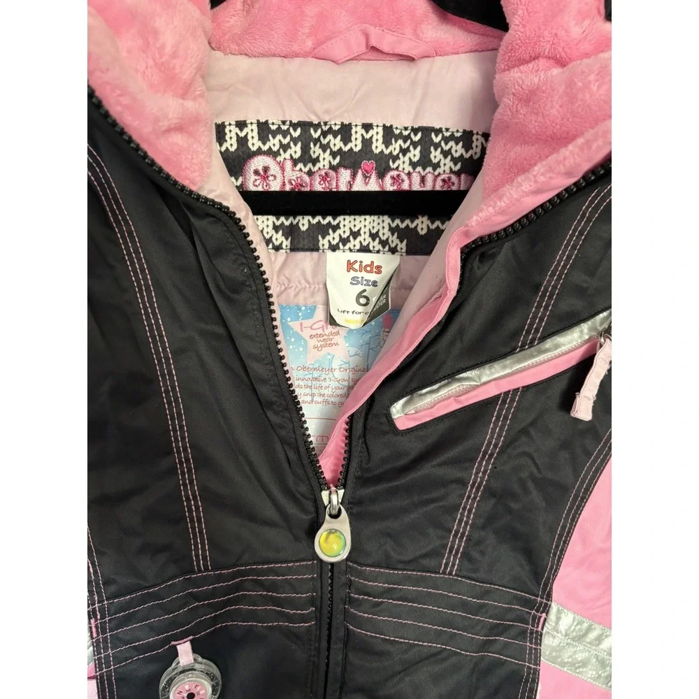 Obermeyer Hooded Girls Pink and Black Ski Jacket White Faux Trim Size 6